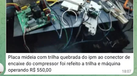 Print de depoimento: aluno consertou uma placa Midea com trilha quebrada e cobrou R$ 550 pelo serviço.