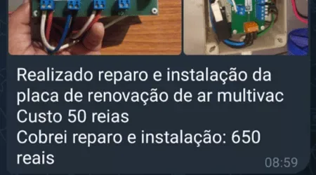 Print de depoimento: aluno cobrou R$ 650 por reparo e instalação de placa de renovação de ar Multivac, com custo de R$ 50 em peças.