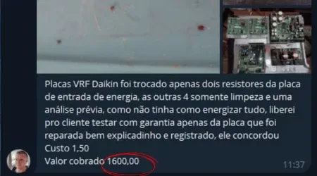 Print de depoimento: aluno cobrou R$ 1.600 por reparo em placas VRF Daikin, com custo de apenas R$ 1,50 em peças.