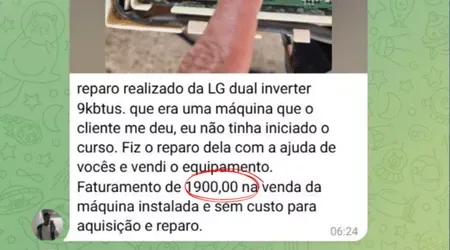 Print de depoimento: aluno faturou R$ 1.900 vendendo uma máquina LG dual inverter que reparou durante o curso, sem custo de aquisição.